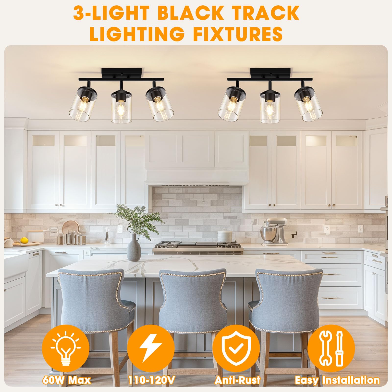 Lámpara de techo semiempotrada de 3 luces con pantalla de vidrio transparente, ajustable direccional negra, accesorios de iluminación de riel para techo, accesorios de cocina giratorios para 6