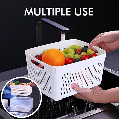 Miniatura 5 de HOTEC Paquete de 5 recipientes grandes de almacenamiento de frutas para refrigerador a prueba de fugas con colador extraíble, sin BPA, apto para