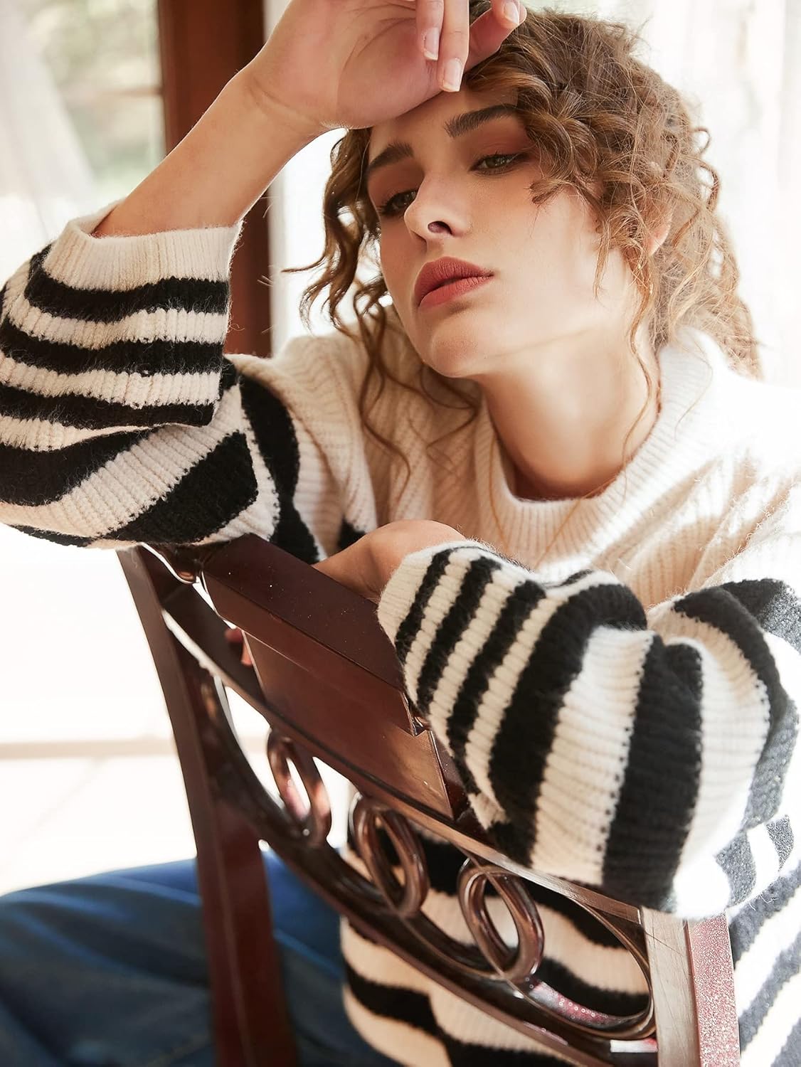 Women's Sweater Stripe Pattern Drop Shoulder Sweater Sweater for Women (Color : Black and White, Size : Medium)