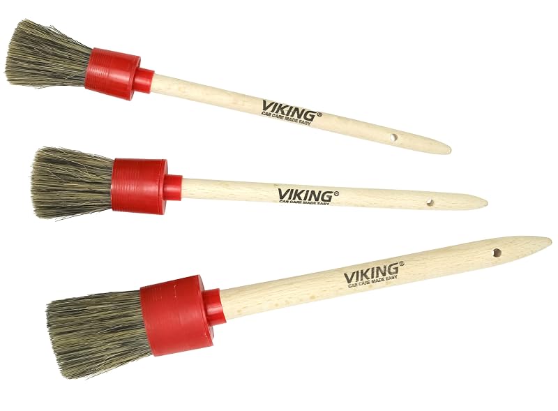 Kit de Escovas para Detalhamento Automotivo VIKING com Cerdas Naturais e Sintéticas, Cabos de Madeira, 3 Peças Vermelhas
