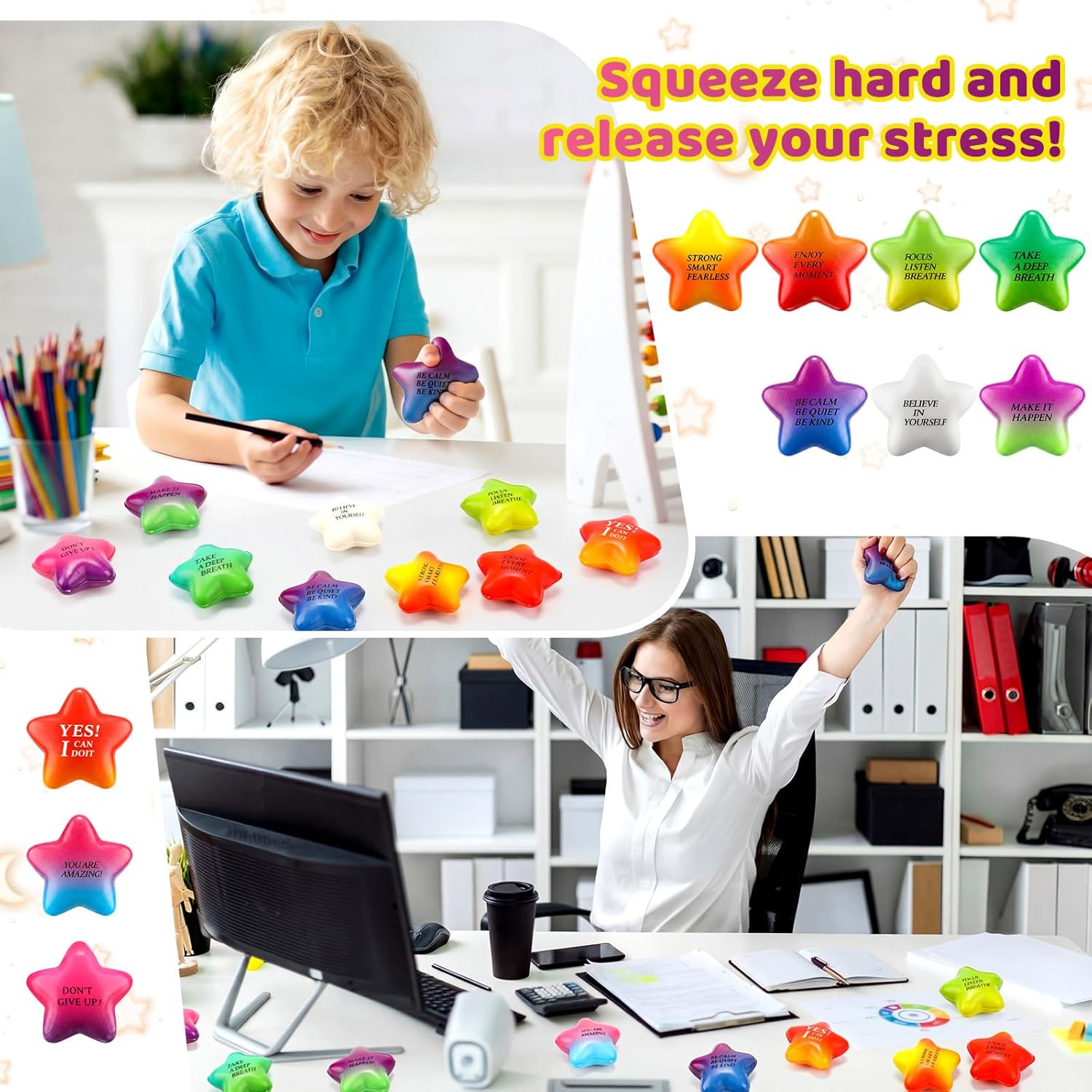 Sotiff 100 Pack Star Stress Balls Bulk for Adults Kids Stress Relief Balls with Motivational Quotes Mini Inspirational Foam Squeeze Gifts Party Favors Toys for Anger Fidget Relief(Rainbow Gradient)