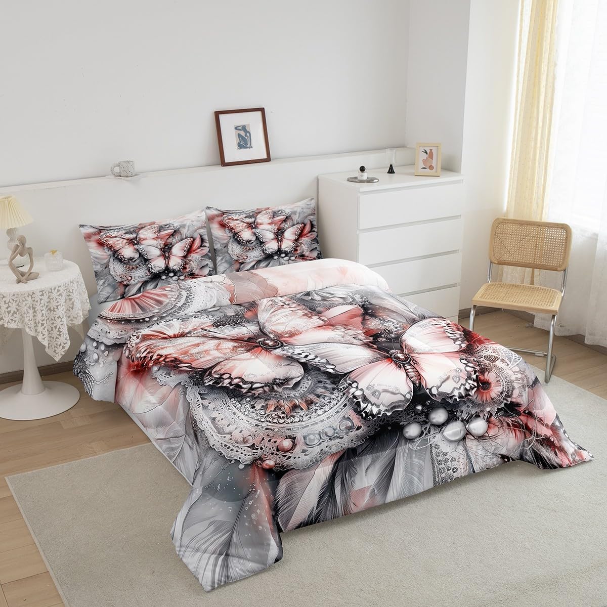 Erosebridal Dream Catcher Down Comforter Boho Butterfly Dreamcatcher King Size Comforter Set for Kids Boys Girls Teen,Wild Animal Butterflies Bedding Set Exotic Tribal Feather Bed Set