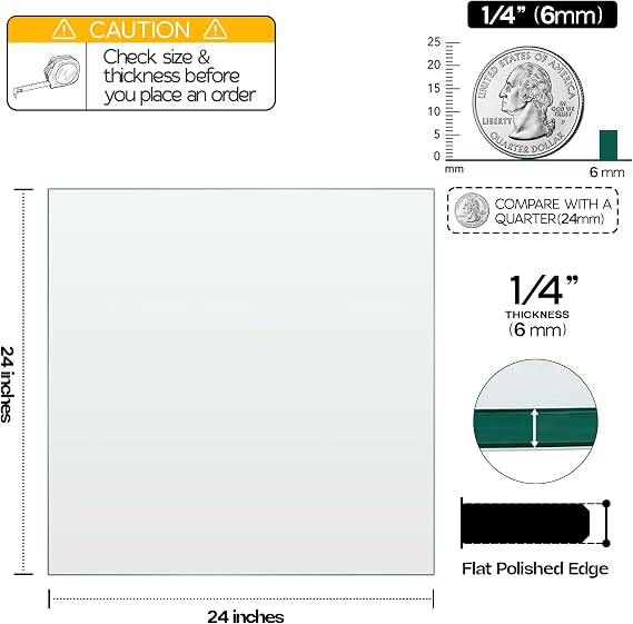 24 inch Square 1/4 (6 mm) Thick Flat Polished Edge Glass Table Top with 6 Bumpers - Tempered, Scratch Resistant & Safety Replacement Glass Designed for Dining, Coffee, Patio & End Tables