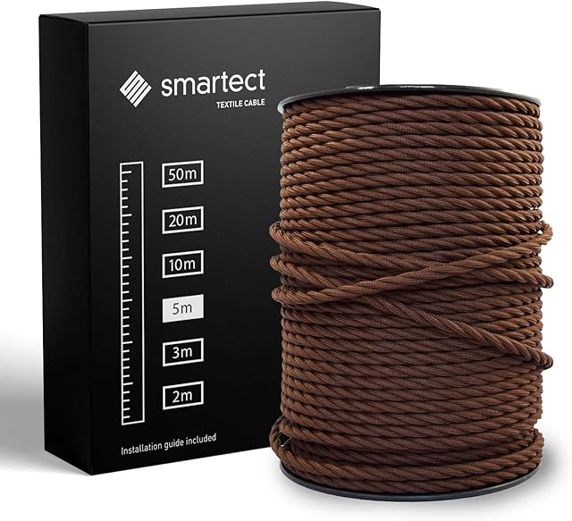 smartect Brązowy Kabel Skręcony Tekstylny, 5 Metrów Kabel w Oplocie Elektryczny, 3 Żyłowy (3 x 0,75 mm²) Elektryczny Kabel w Oplocie Tekstylnym do Własnych Projektów DIY