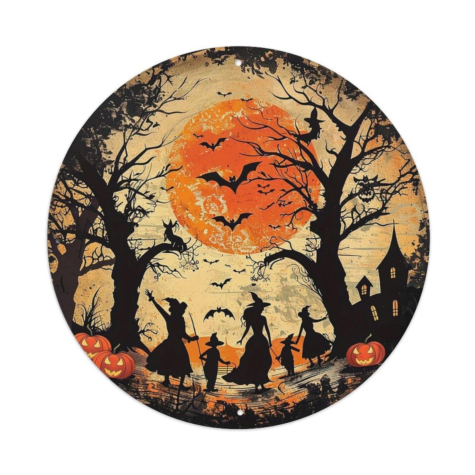 Halloween Witch Pumpkin Moon Scene Tin Sign Metal Poster Vintage Metal Signs for Home Man Cave Bar Cafe Kitchen laundry room Wall Decorations 8x8 inches