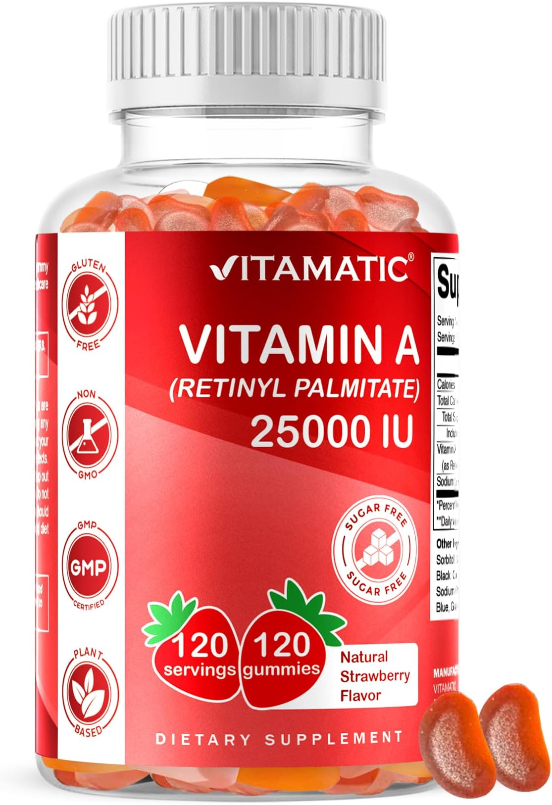 Vitamatic Sugar Free Vitamin A 25000 IU Gummies (Retinyl Palmitate) - Natural Strawberry Flavor - 120 Pectin Based Gummies (1 Bottle)