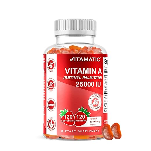 Vitamatic Sugar Free Vitamin A 25000 IU Gummies (Retinyl Palmitate) - Natural Strawberry Flavor - 120 Pectin Based Gummies