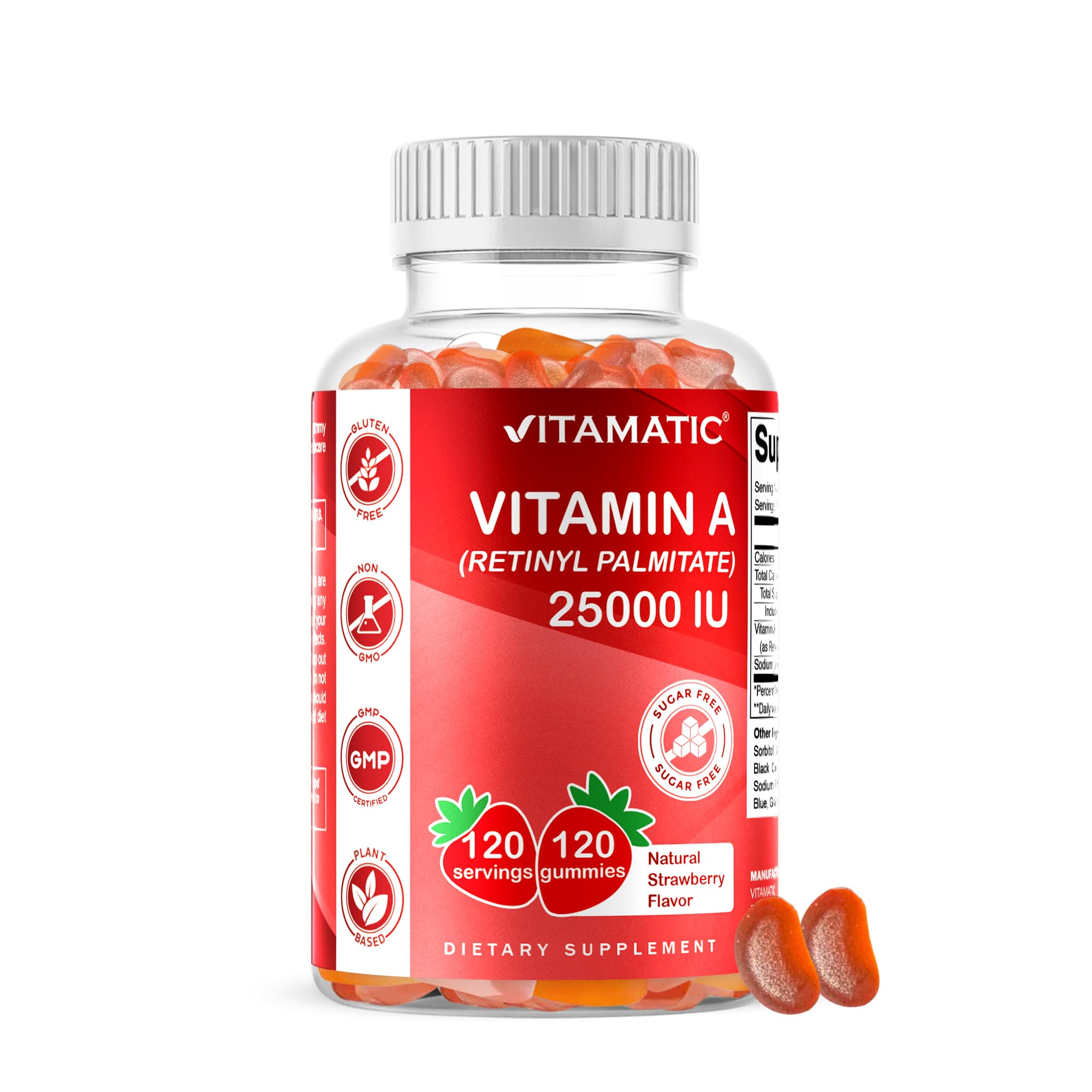 Vitamatic Sugar Free Vitamin A 25000 IU Gummies (Retinyl Palmitate) - Natural Strawberry Flavor - 120 Pectin Based Gummies (1 Bottle)