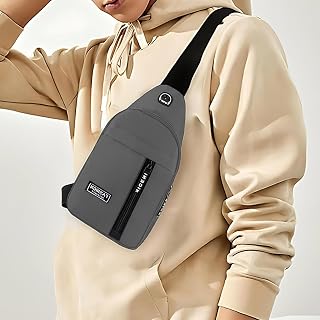 Crossbody Sling Bag with Adjustable Strap and Headphone Port Compact One Strap Chest Pack for Men Women Daily Commute(Vertical Pull Gray)