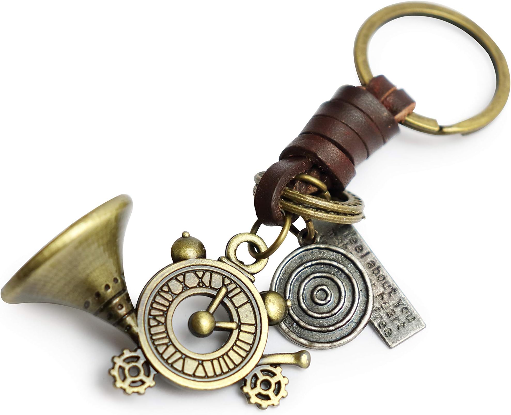 AuPra Clock of Life French Horn Leather KeyRing Best Friend Gift Idea Women & Men Music O'Clock Charm Home KeyChain Mum & Dad Teacher Handbag Car Key Ring Pendant