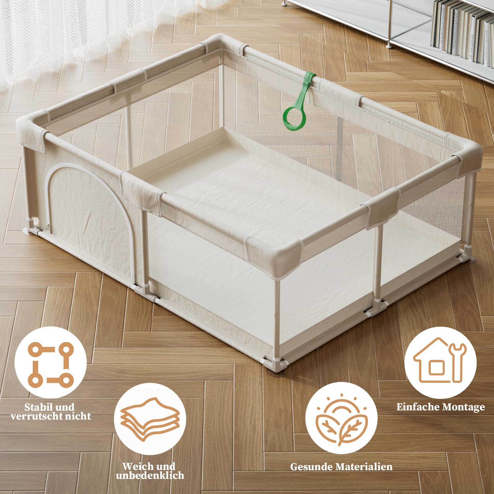 Koonmi Großes Laufstall Baby 150x180 cm Faltbarer Laufgitter mit atmungsaktivem Netz, Stoff & Saugnäpfen – für Babys & Kleinkinder, zusammenklappbarer Spielkäfig für Innen und Außen – Beige