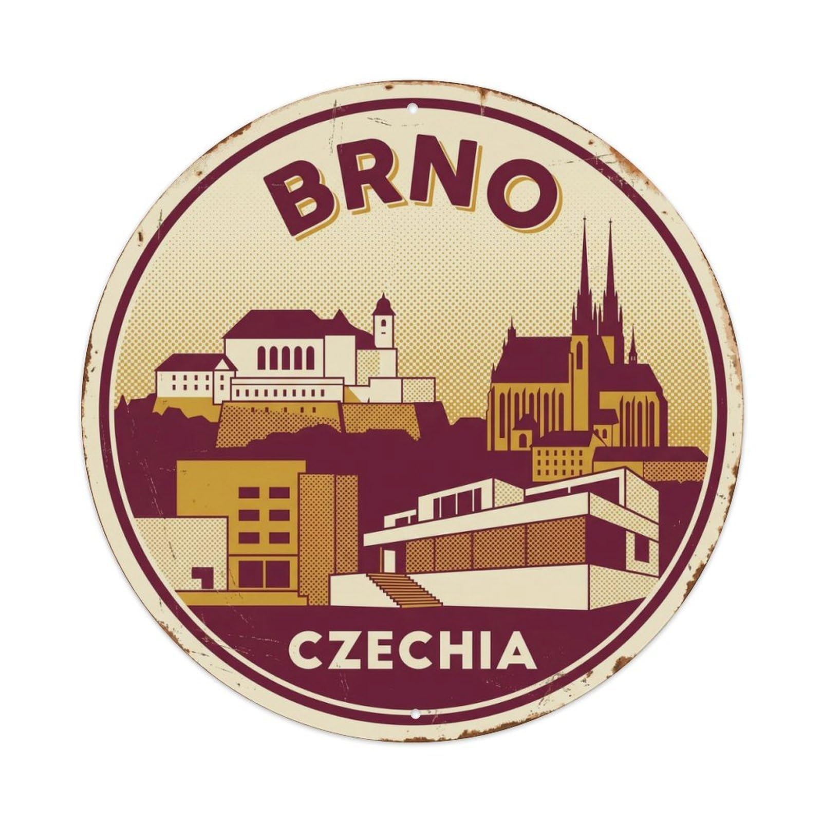 Vintage Travel Brno Skyline Czechia Metal Tin Sign Plaque Wall Decor for Cafe, Club, Garden Round Metal Poster 8x8Inch