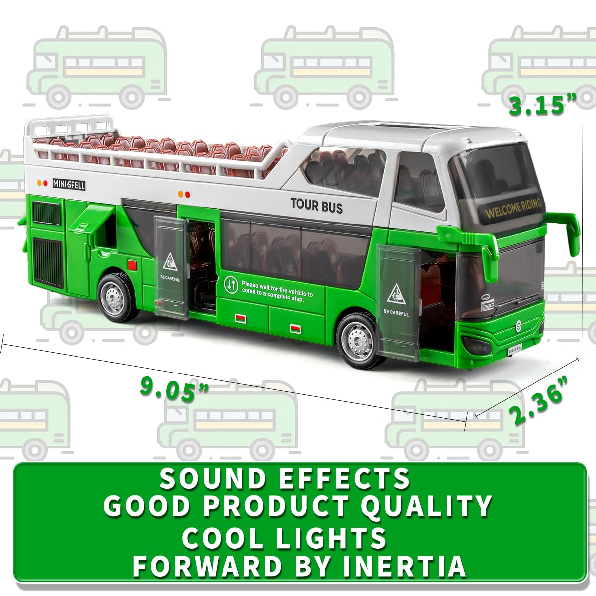 Autobús urbano de juguete con luces y sonidos para niños y niñas, juguete realista de autobús de dos pisos, gran regalo para niños y niñas a partir de 3 años (verde) 5