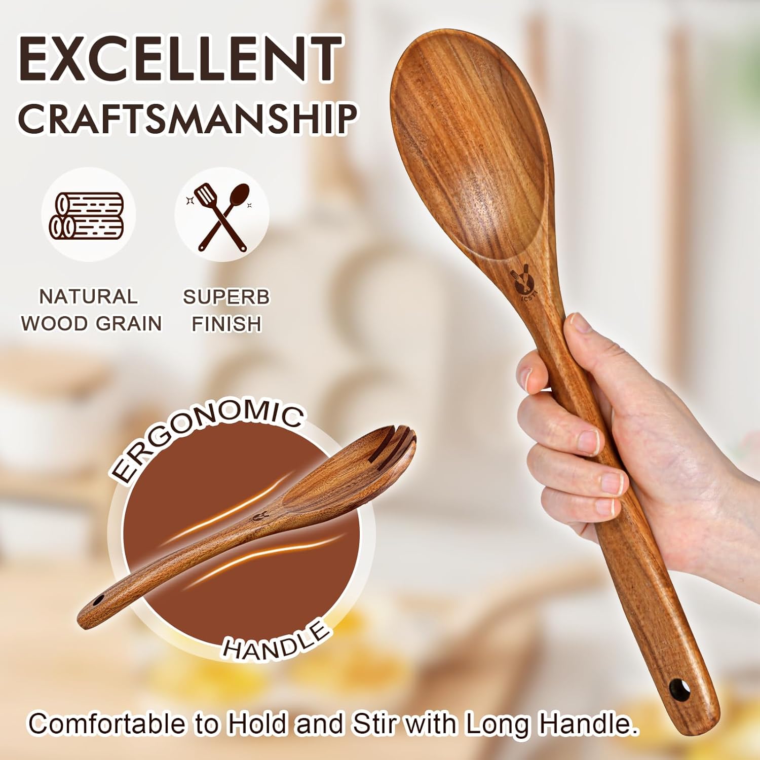 Wooden Spoons for Cooking, 6 Pcs Natural Teak Wooden Kitchen Utensils Set, Cooking Utensils Set with Long & Comfort Grip, Wooden Spoons Spatula Set Perfect for Non-Stick Cookware