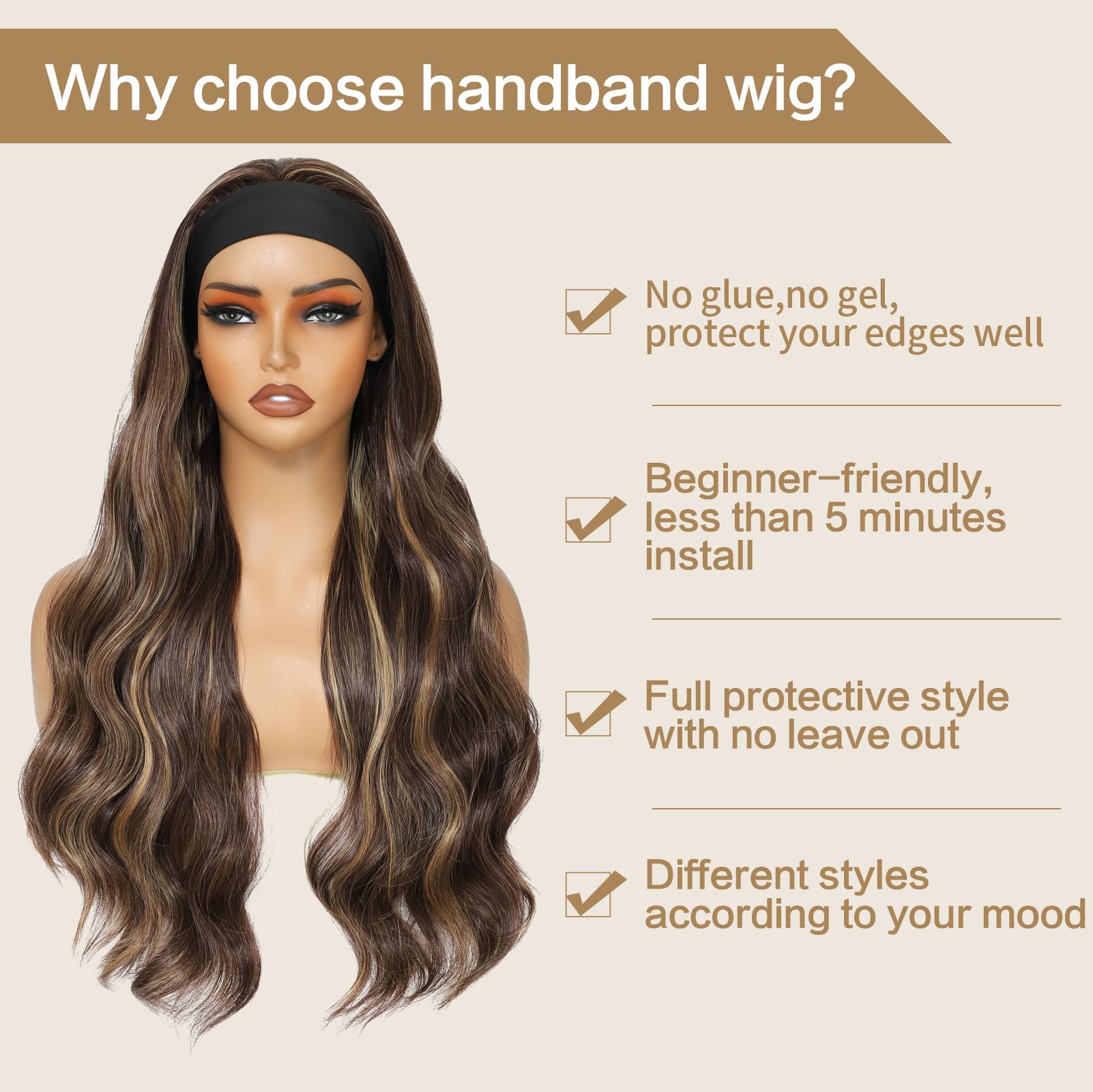 Yacurcur Glueless Headband Wig Long Body Wave Headband Wigs for Black Women Synthetic Natural Looking Wavy Wig 180% Density (28inch - Image 3