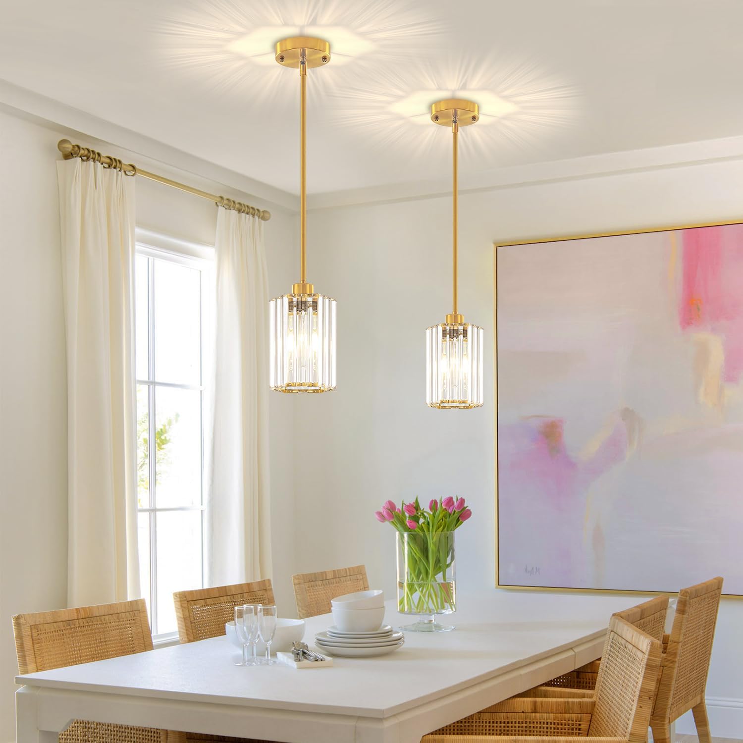 2-Pack Brushed Gold Pendant Lights Kitchen Island Modern Crystal Hanging Pendant Light Hexagonal Mini Chandelier Adjustable Hanging Kitchen Lights for Dining Room Hallway Bedroom Entryway Pendant Lamp