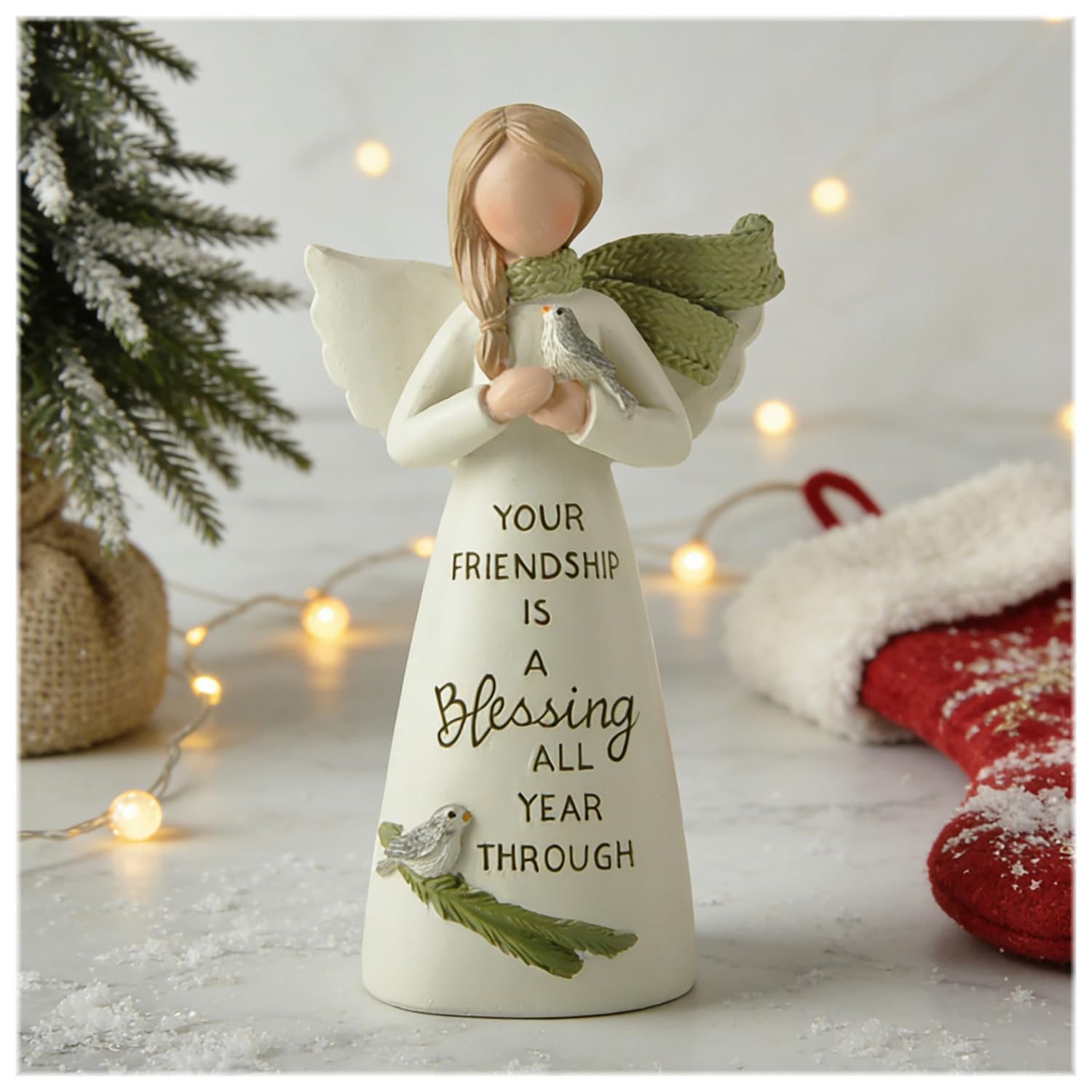 Blessing Angel Figurine with Bird – 4.09'' Resin Guardian Angel Statue with Your Friendship is a Blessing All Year Through – Memorial & Healing Gift, Religious Home Decor for Women