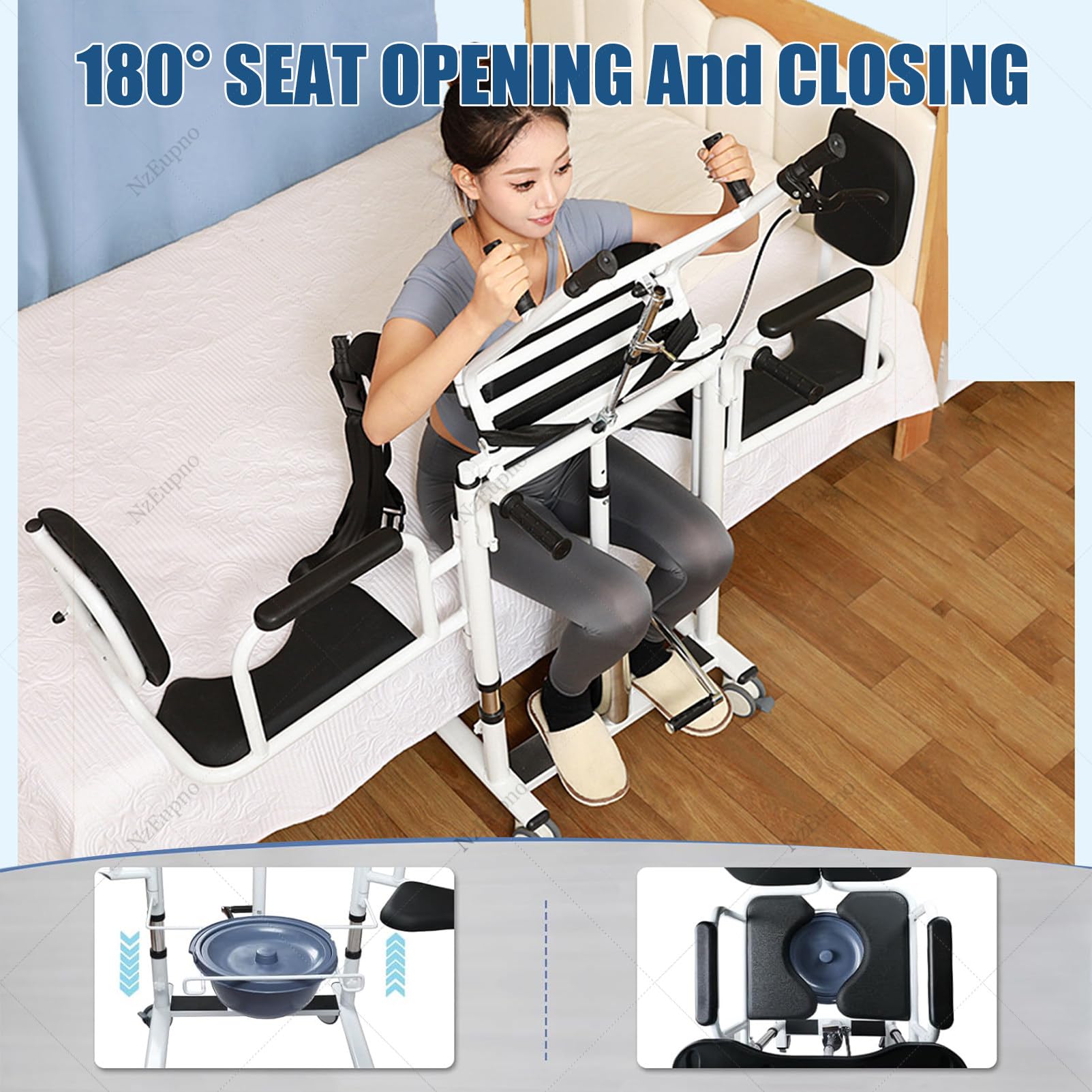 Silla Elevadora De Traslado Para Pacientes, Silla De EnfermeríA Con Asiento Abatible De 180°, Sillas De Ruedas De BañO Con Altura Ajustable Para Personas Mayores Y Personas Con Discapacidad Blue