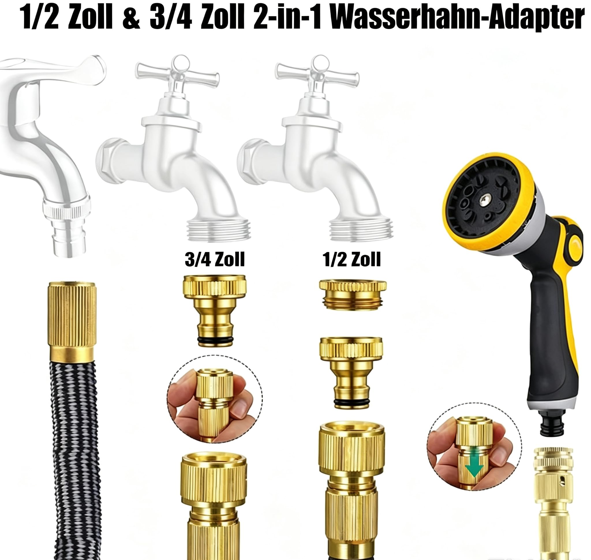 Erweiterbarer Gartenschlauch, 15,2 m, flexibel verstärkt mit 1,27 cm (1/2 Zoll) - 3/4 Zoll Messingbeschlägen und Universal-Hahnanschluss für Haustier-/Autowäsche, Rasen- und