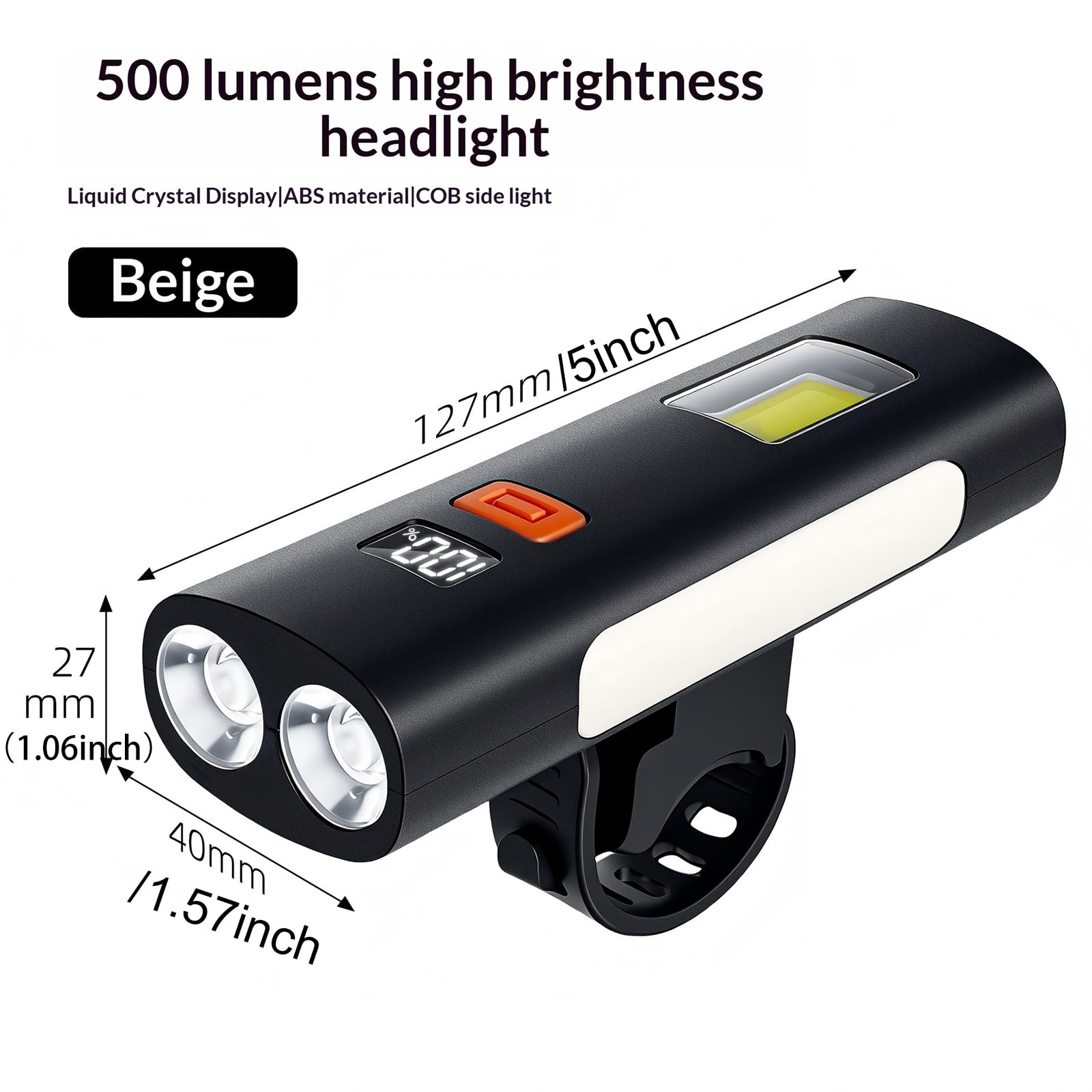 ABS 500LM Phare de vélo Type-C, Lampe latérale COB | EcoGleam ABS 500LM phare de vélo type-C, lampe latérale COB, 6 modes, écran numérique, USB-C