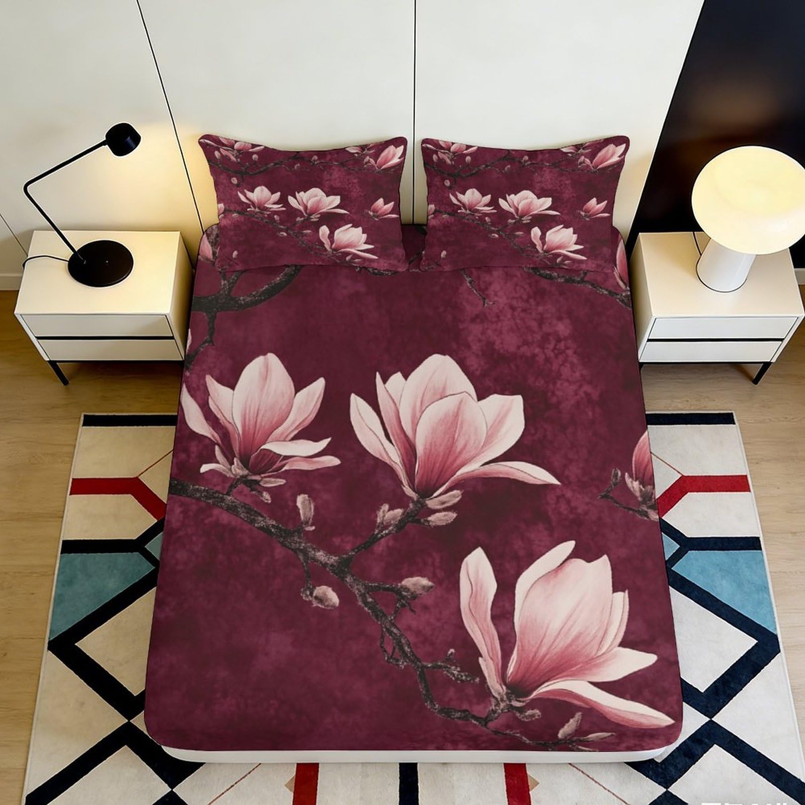 Jqzkxnhpbr Style-6 3D Printed Magnolia Blossom Fitted Sheet Microfiber Anti-Slip Plum Mattress Cover For Bedroom Guest Room Decor Easy Care 90X200x25cm