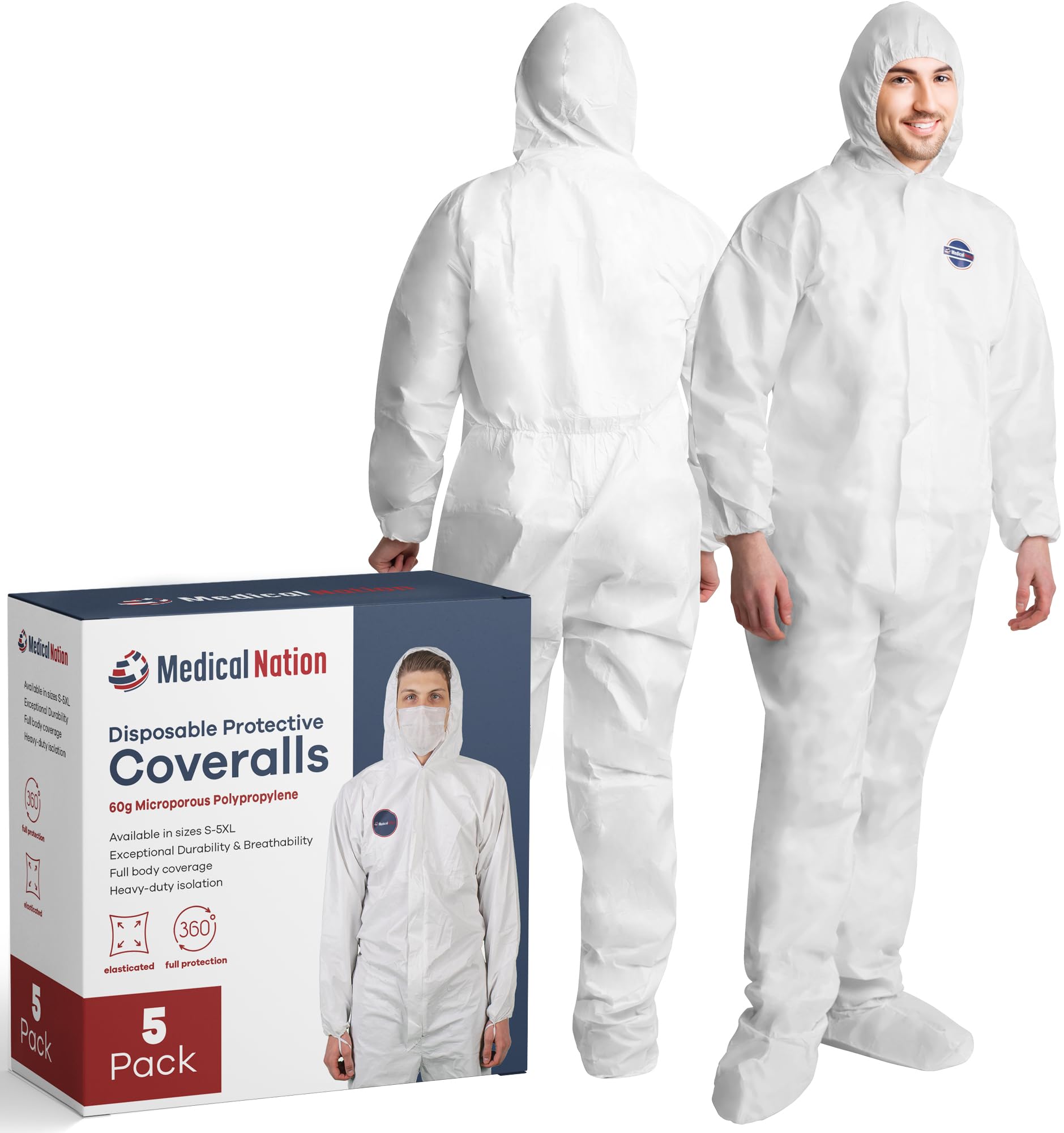 Medical Nation Hazmat Suits | 5 Pack, 2X-Large | Disposable Protective Coveralls, Heavy Duty Full Body Painters Suit for Men & Women with Attached Hood and Boots - Breathable & Water Resistant - 2XL