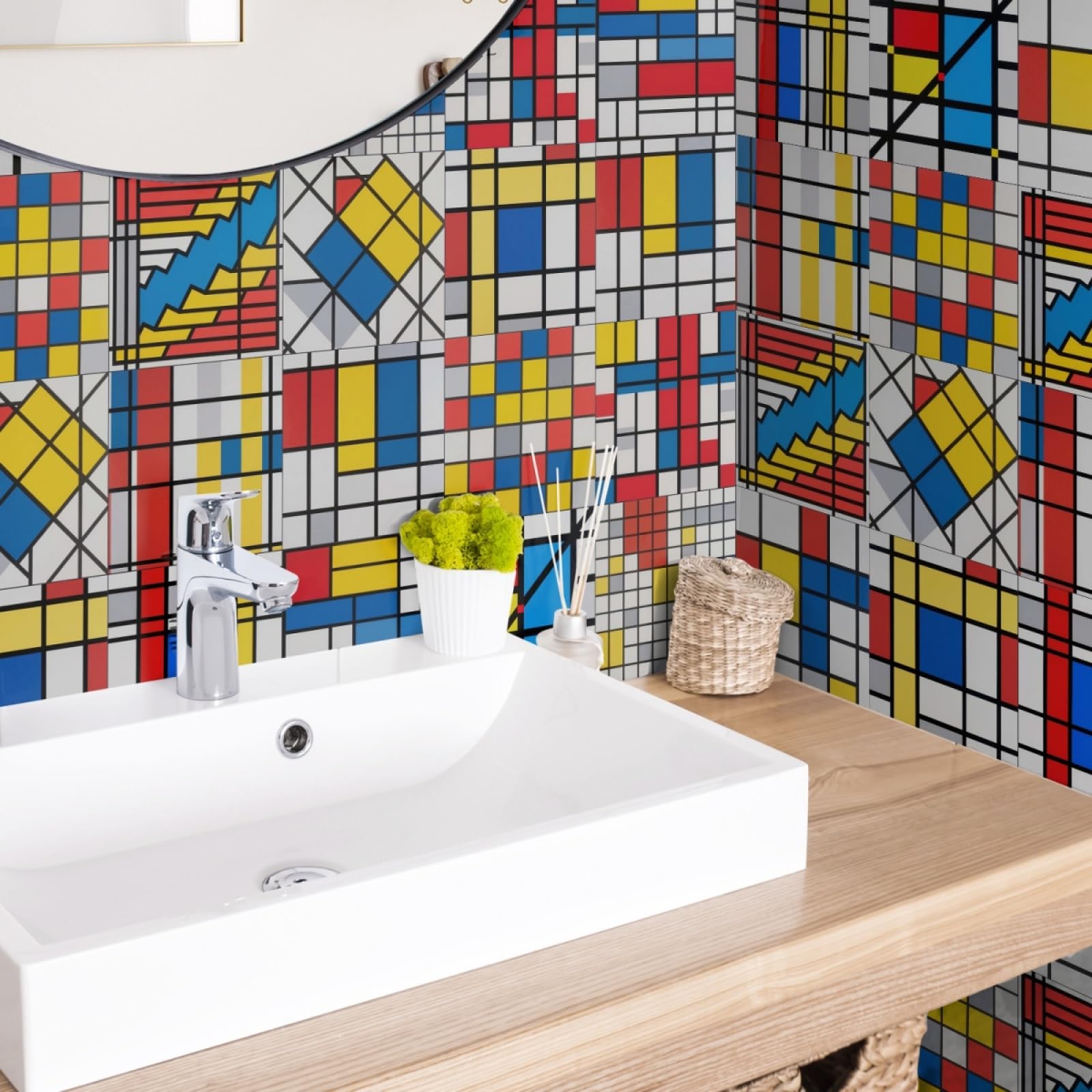 LMYSXAOZ Tile Stickers Colorful Geometry Blue Stick on Kitchen Tiles Self Adhesive Wall PVC Peel and Covers Transfers Oil-Proof Splashbacks for Walls Removable 10x10cm/24 Pcs