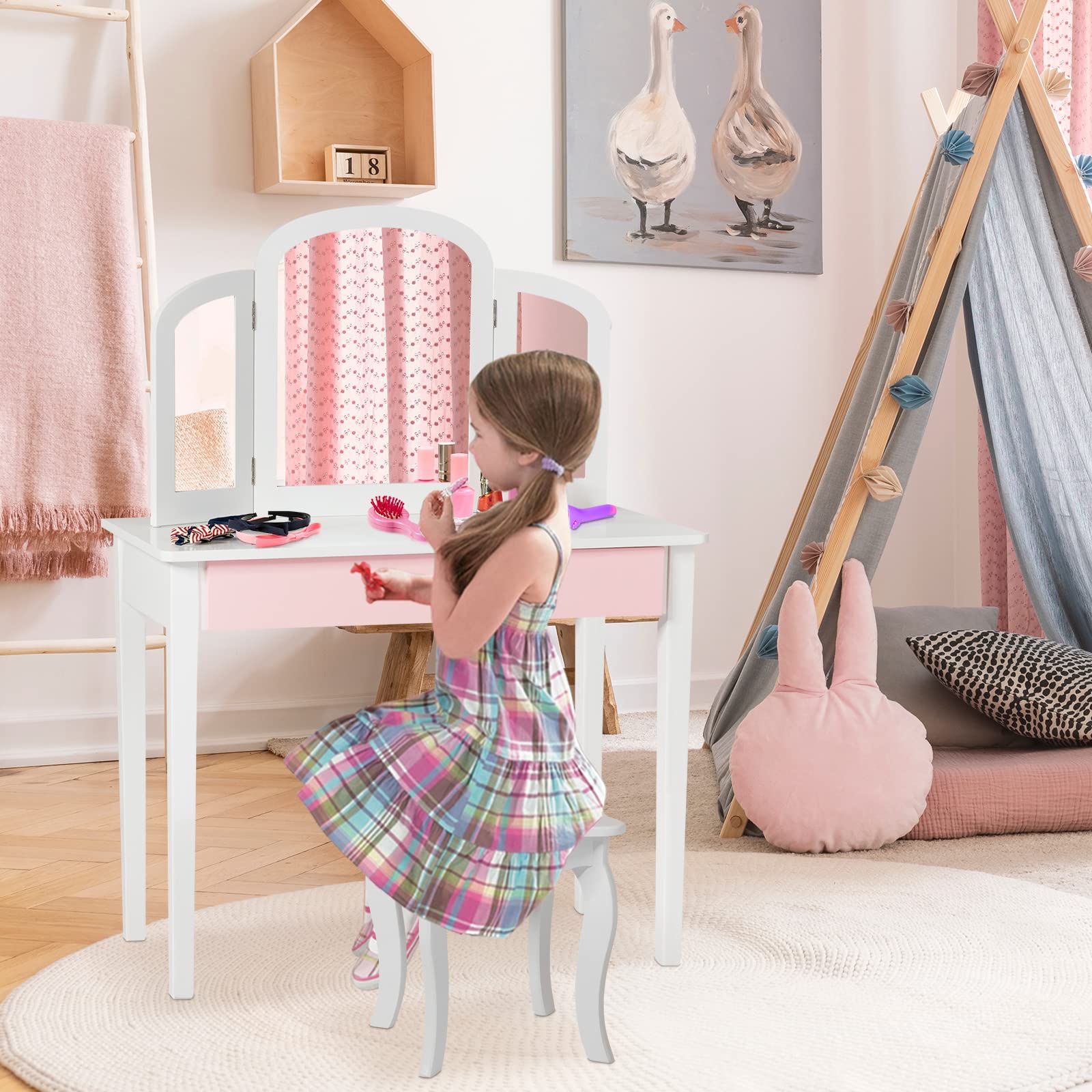 GOPLUS 2 in 1 Kinder Schminktisch, Frisiertisch & Stuhl, Kosmetiktisch mit Abnehmbarem 3-Fach-Spiegel & Schublade, Gepolsterter Hocker, aus Holz, im Landhausstil, Kinderschminktisch für Mädchen (Weiß)