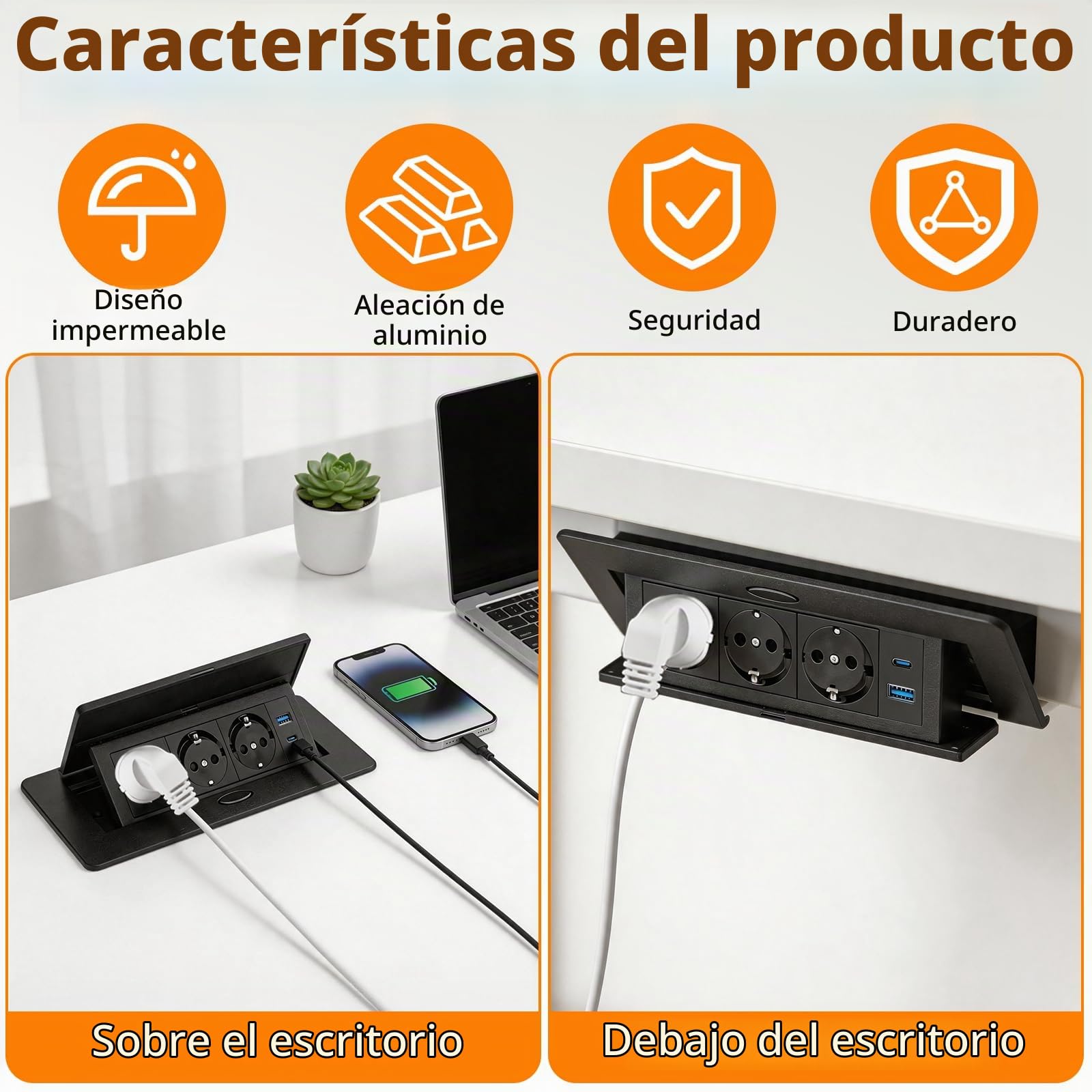 BRGD Enchufe Empotrable de Aluminio, Negro Regleta Retractil 3 Enchufes con Cable de 1,8m y USB para Mesa, Cocina, Banco de Trabajo y Lateral de Armario, 250 V/16 A