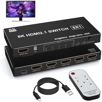 8 K HDMI Switch 4 K 120 Hz HDMI Splitter Switch - 5 in 1 Out Splitter Switch 8 K@60Hz 4 K@120Hz HDR10+ HDCP 2.3 CEC Aluminum with IR Remote Control for PS5/PS4 Xbox Switch