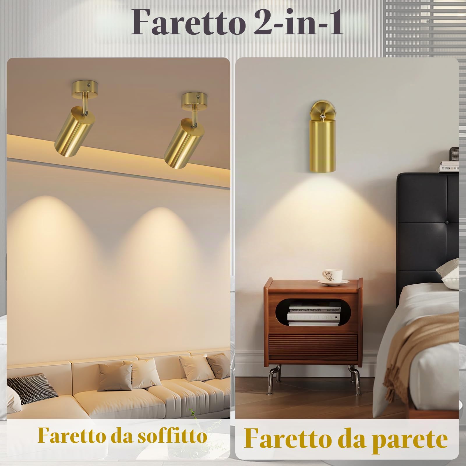 ZMH 2x Faretto LED in ottone con rotazione a 360° lampada da soffitto, | utilizzabile come lampada da lettura e da parete, attacco GU10 (lampadina non inclusa)