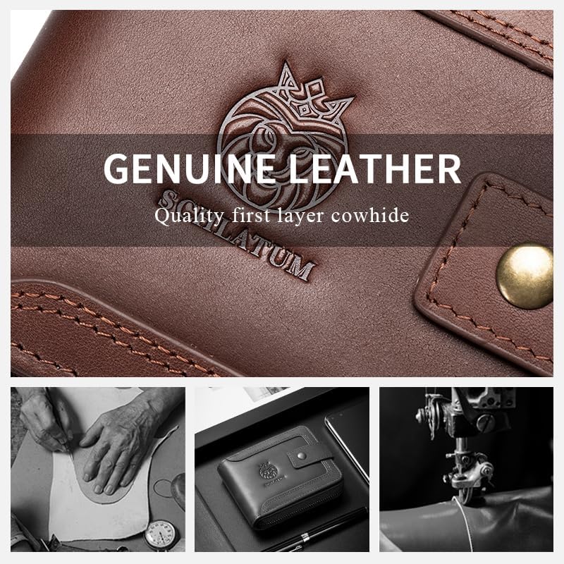 Genuine Leather Zipper Wallet for Men RFID Blocking Large Capacity Vintage Wallet with Coin Pocket ID Window, Coffee - Image 4