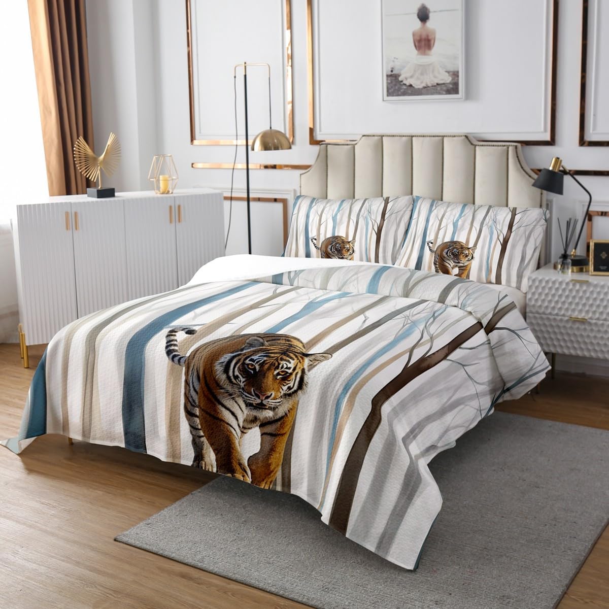 Erosebridal Tiger Bedspread Set King,Brown Blue Abstract Tree Coverlet Sets for Kids Teens,Woodland Animal Bedding Set with 2 Pillow Cases