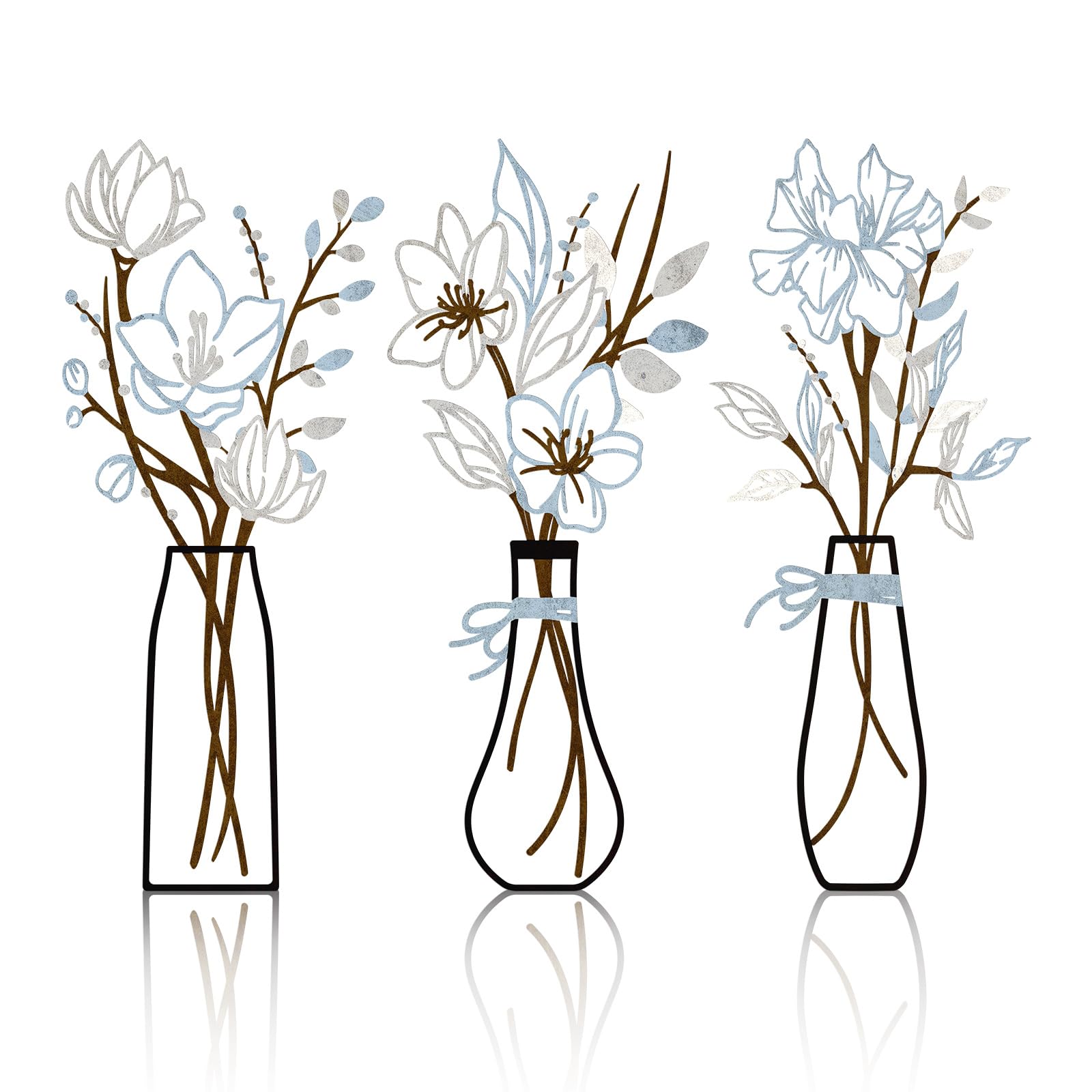 Zzbakress 3 Pcs Metal Flowers Wall Arts Rustic Farmhouse Decor Bathroom Wall Decor Metal Wall Decor for Living-room Dining-Room Kitchen Minimalist Decor Housewarming Gifts (Blue Brown)