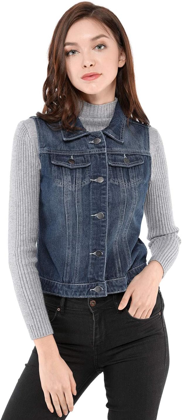 Allegra K Women's Buttoned Washed Denim Vest Jacket W Chest Flap Pockets - Image 3