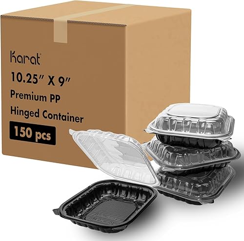 Miniatura 19 de Karat Recipiente con bisagras de polipropileno de alta calidad, recipientes para alimentos para llevar, estuche (8 x 8 pulgadas, 3 compartimentos)