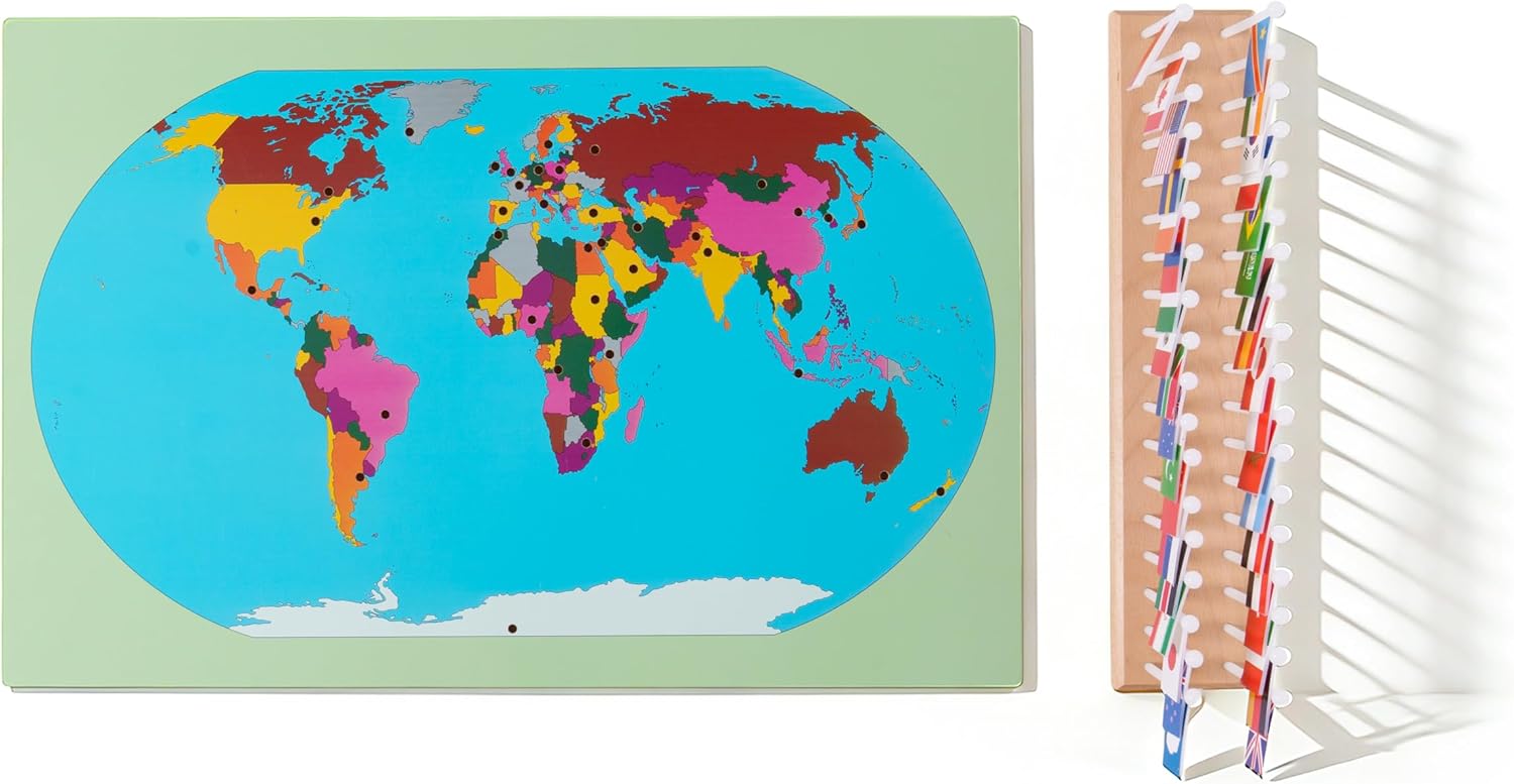 Premium Montessori World Flags Set with 22" Wooden Map- 36 Country Flags, Solid Beechwood, Educational Toy for Kids, Homeschool Classroom Geography Materials(Flags of The World) (Flags of the World)