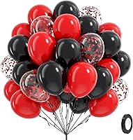 Vicduotex 60 Pack Red Black 12 Inch Latex Balloons with Confetti, Ribbon & Glue Dots for Graduation Birthday Wedding Party Arch Decor
