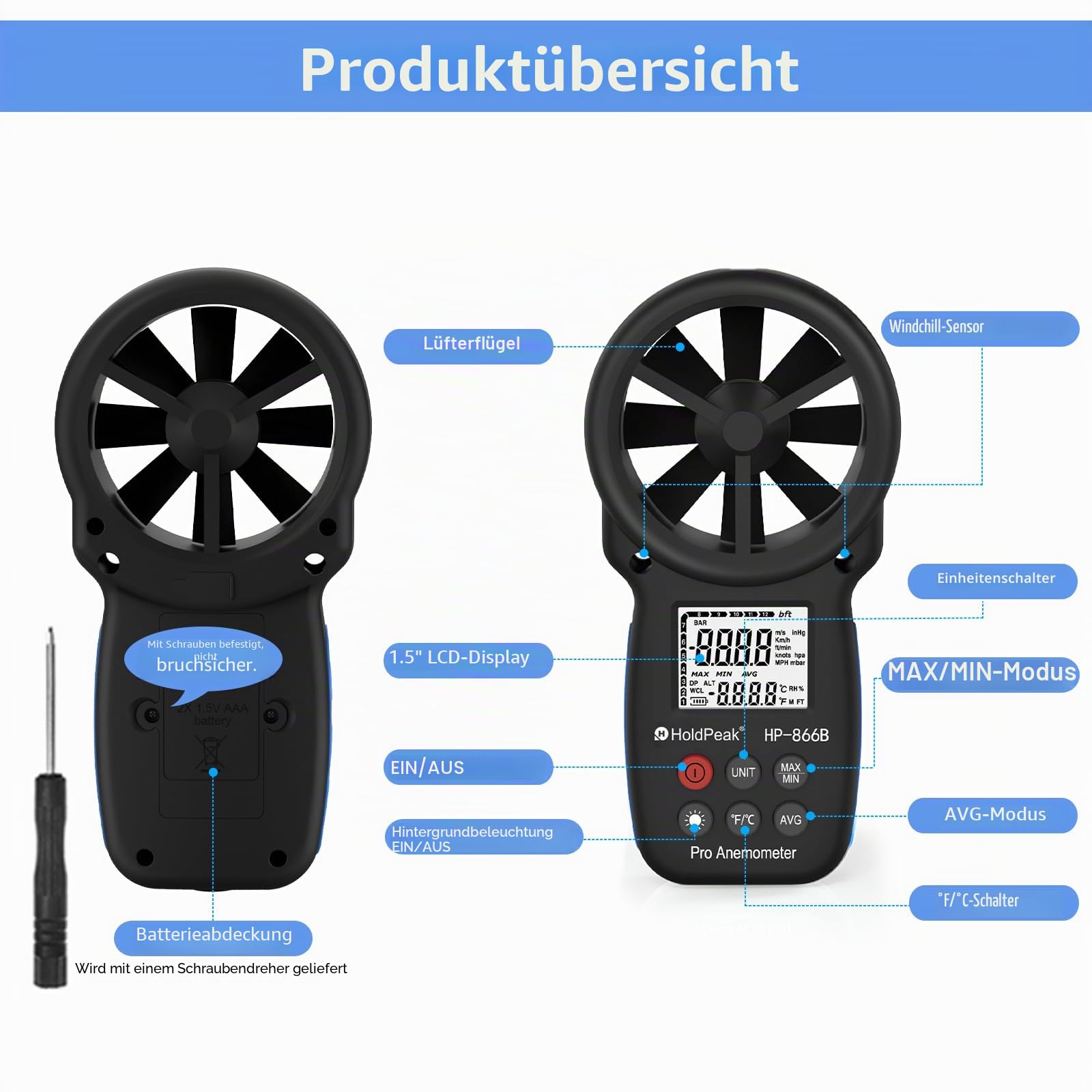 Digitales Anemometer Windgeschwindigkeitsmessgerät mit LCD-Hintergrundbeleuchtung