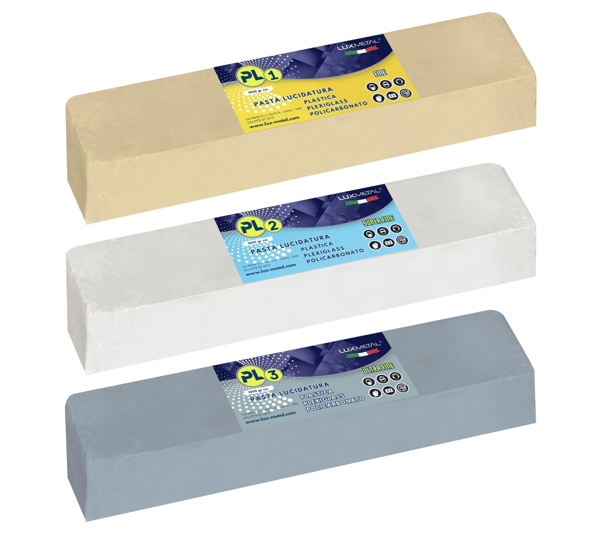 Kit 3 Pasta Pulidora Abrasiva para Plástico 1 KG - PL1-PL2-PL3 (Fine-S.Fine-Ultra Fine) Pulido Plexiglás Transparente Policarbonato Pulido Plástico Quitar Arañazos Renovar Faros Coche