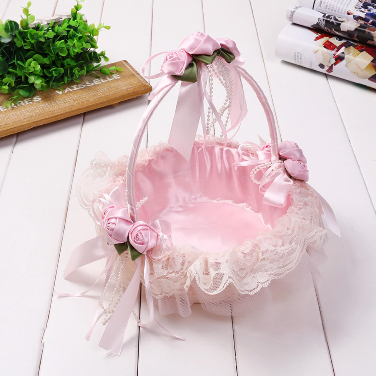 Amazon.com: CYYZB Pink Lace Flower Girl Basket, Wedding Petal  