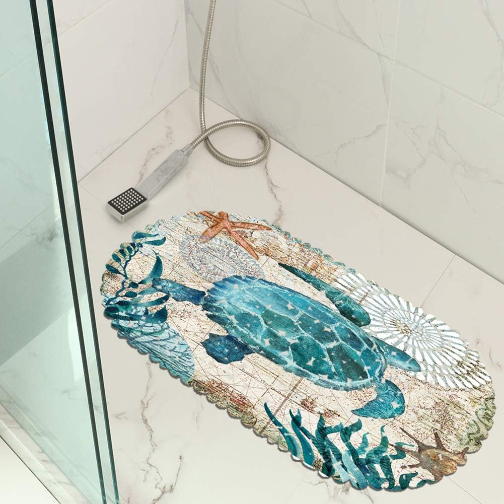 MOLFUJ Non Slip Sea Turtle Bathtub Mat with Suction Cups, Oval Pebble Shower Mat for Baby Tub,Safety Vinyl Anti-Skid Decoration Bath Mat, Coastal Ocean Beach Nautical Themed Decor Bathroom Accessories - Image 5