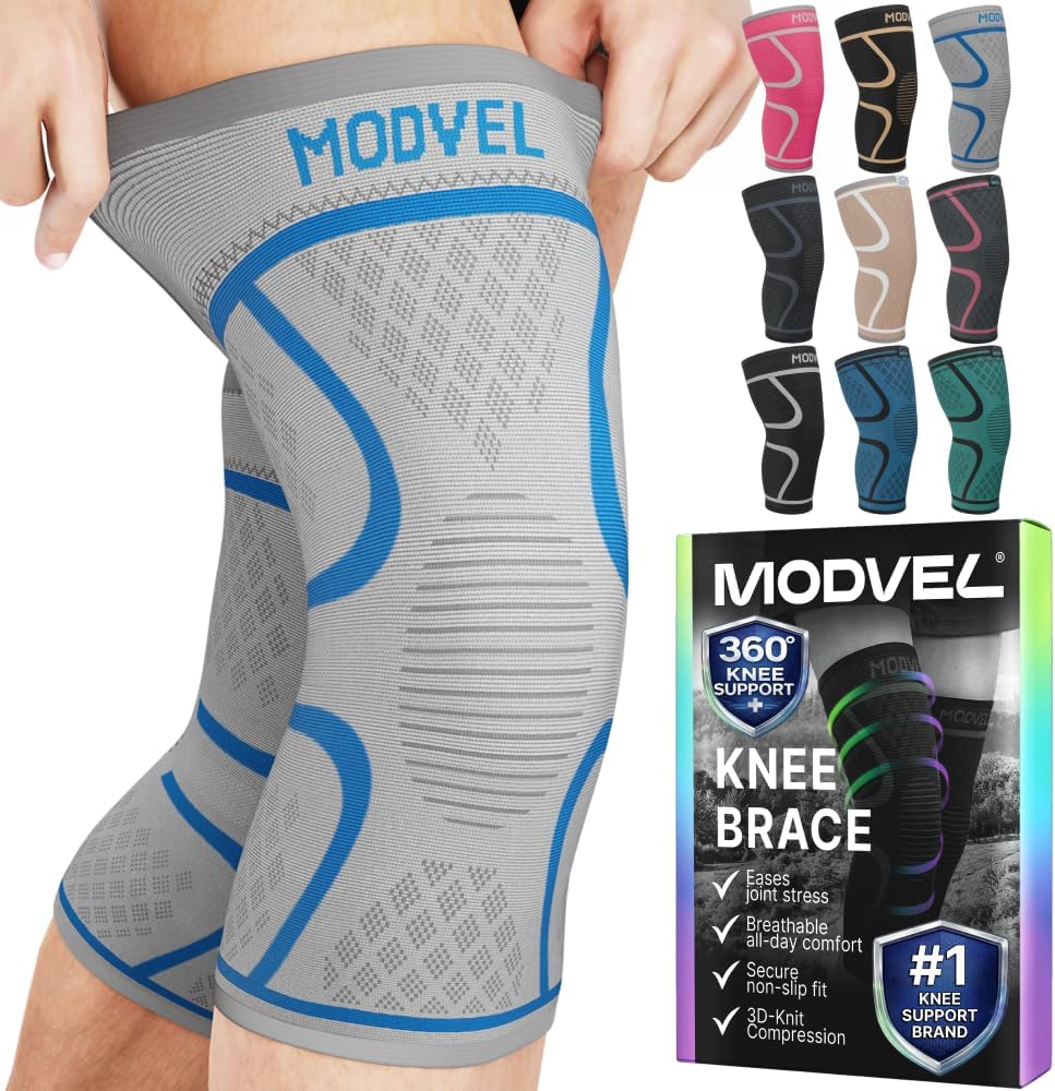 MODVEL Knee Brace Compression Sleeve – 2 Pack Support for Running, Gym, Joint Pain, ACL, Arthritis, Injury Recovery & Sports Use (L)