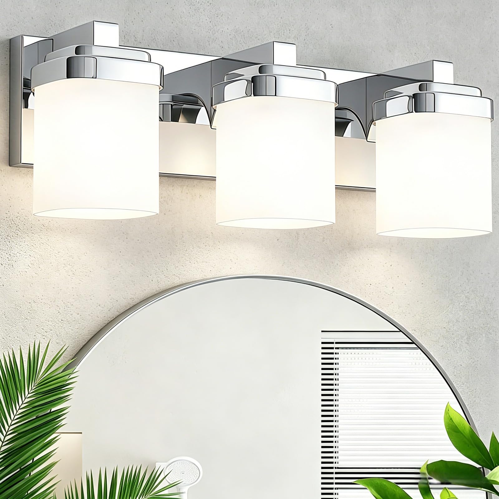 Photo 1 of Guliaofo 17 Inchs Bathroom Vanity Light, 3-Light Chrome Bathroom Light Fixtures Over Mirror, Bathroom Light Shower Lamp with Milky White Square Glass Shade, Modern Farmhouse Lighting Fixtures