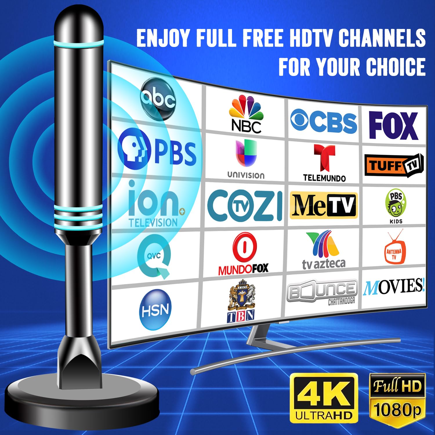 Antenna digitale per Smart TV da interni, antenna TV per canali locali, forte antenna TV con base magnetica per interni per una facile installazione, ricezione a lungo raggio per 4K 1080p, supporta