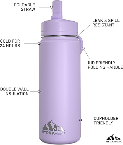 Miniatura 2 de Hydrapeak Mini botella de agua para niños de 20 onzas con tapa con popote, botella de agua aislada de doble pared de acero inoxidable para niños, a