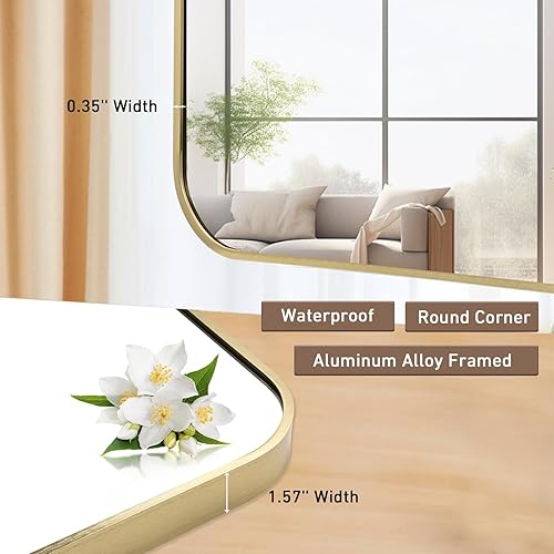 Miniatura 4 de FARMER Espejo de baño dorado de 20 x 28 pulgadas para pared, espejo de tocador de baño enmarcado con borde redondeado, espejos rectangulares