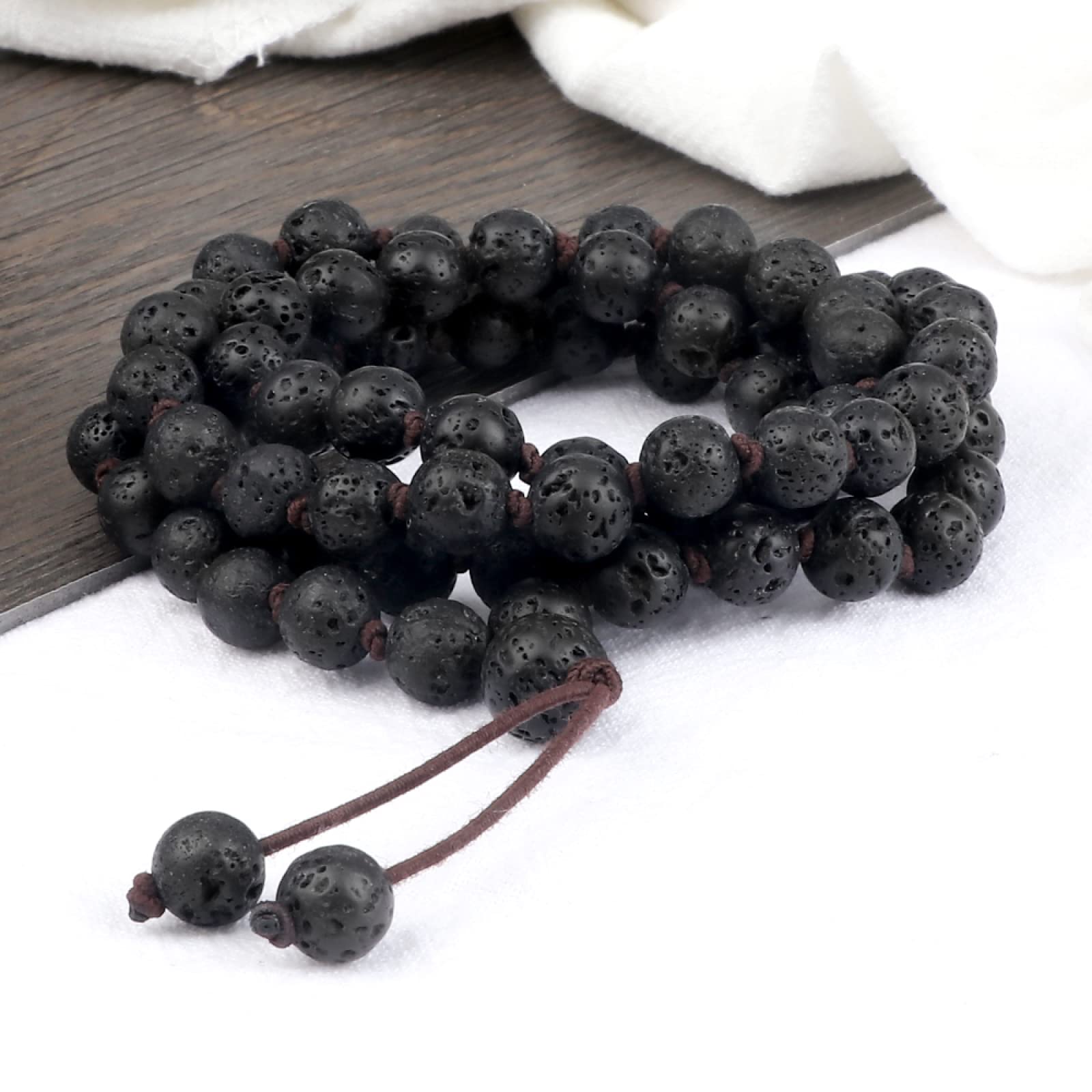 8 mm Schwarze Lavastein-Perlenketten, 80 Perlen, handgefertigt, geknotete elastische Armbänder, Damen und Herren, Yoga-Schmuck, Gebetsgeschenke, Halskette FZUGEDRLI