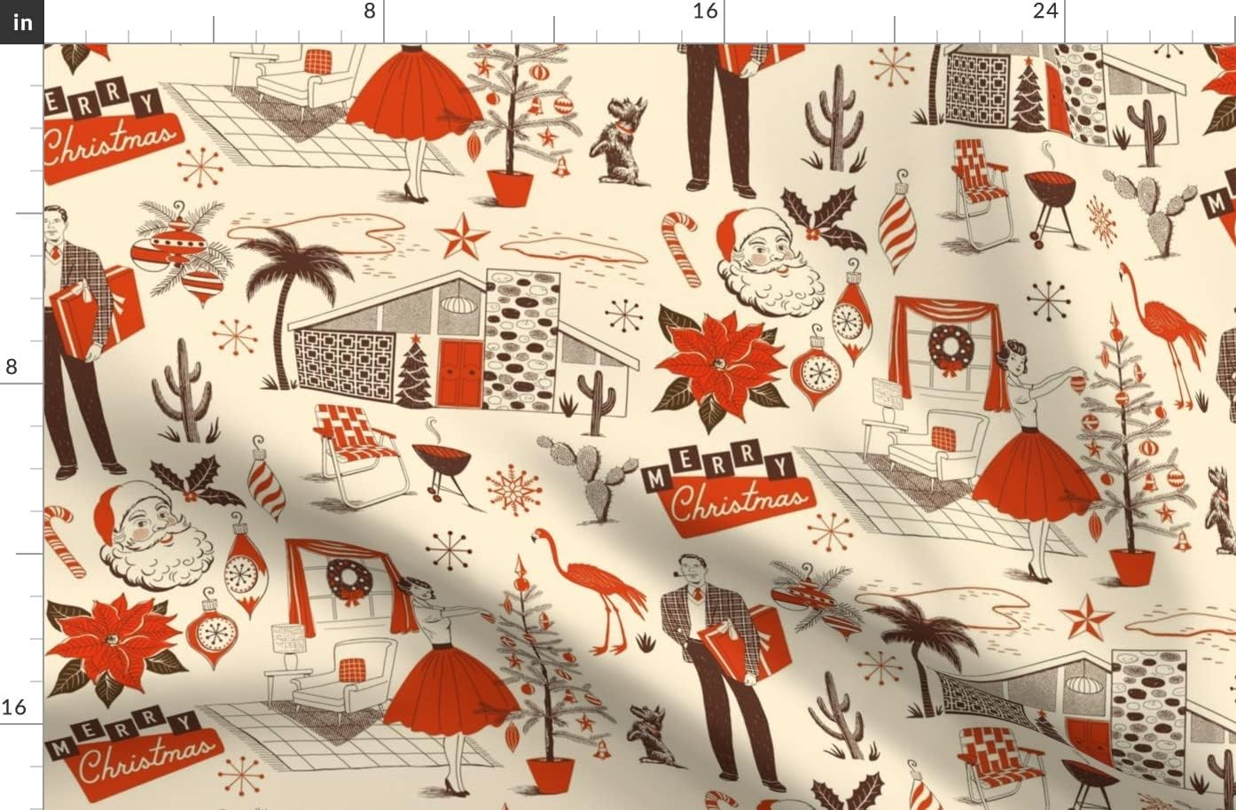 Spoonflower Fabric - Red Christmas Toile Vintage Retro Christmas 1950S Christmas Tree Printed on Organic Cotton Sateen Fabric by The Yard - Sewing Quilting Apparel Home Decor