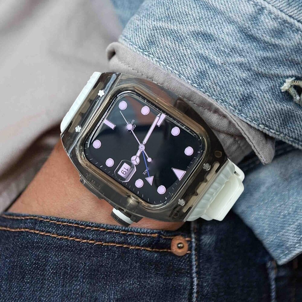 Transparent Watch Case Fluorine Rubber Band Mod Kit，For Apple Watch Ultra 8 7 6 5 4 SE 45mm 44mm Series，Men Women Crystal Bezel Stripe Sport Band Conversion Kit